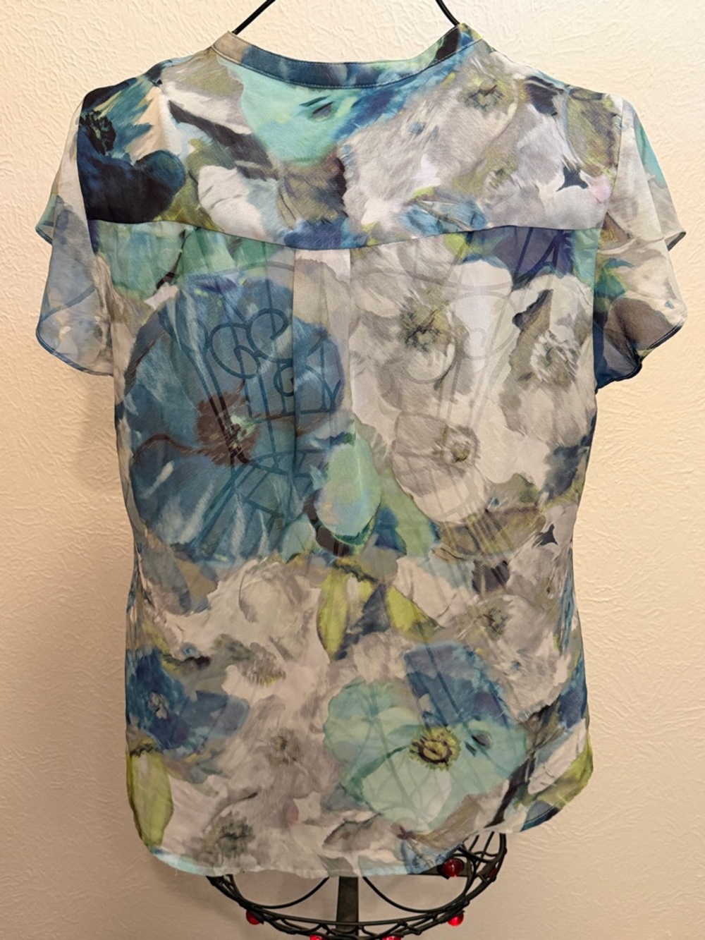 🚙🚙🚙BOGOHO🚙🚙🚙Liz Claiborne Blue & Green Floral Ruffle Front Blouse-Large - Picture 6 of 11